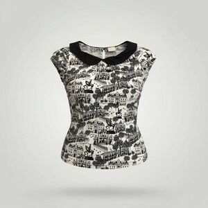 Postmark Anthropologie Top Women Large White Black Toile Paris Peter Pan Collar